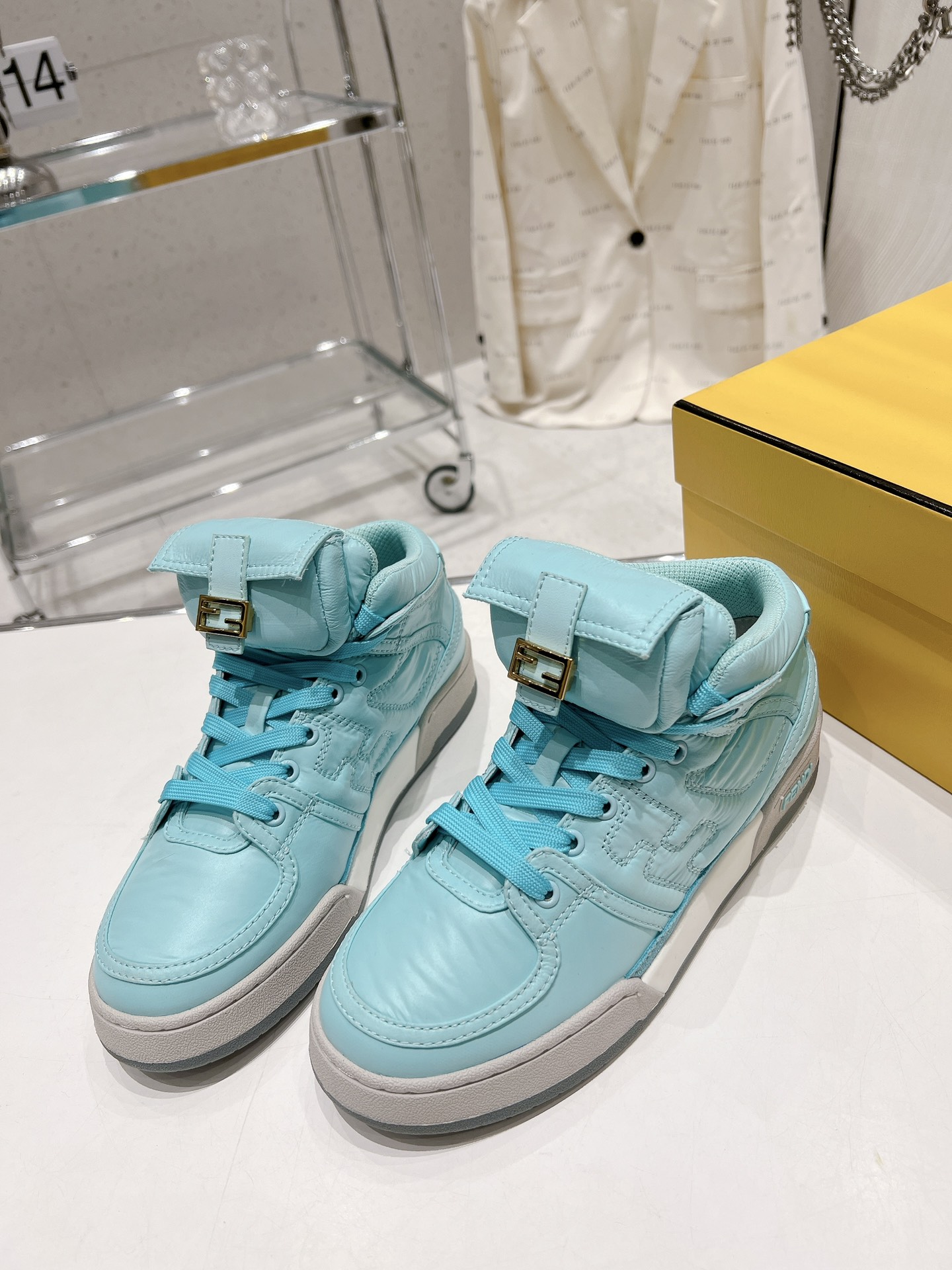 FD F**di Match Lace-Up High-Top Sneakers Blue For Women 8E8380ALIRF1JGC