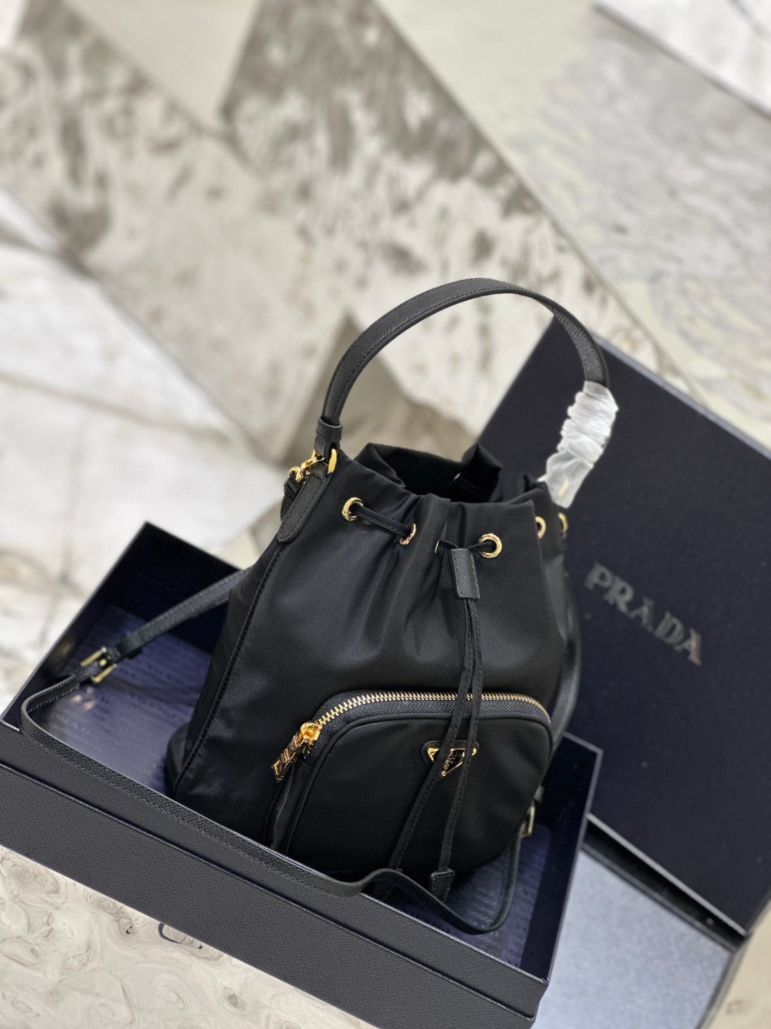 Pra*a Duet Bucket Shoulder Bag Black/Blue For Women 8.6 in / 22.5 cm 1BH038_RV44_F0002_V_UOO