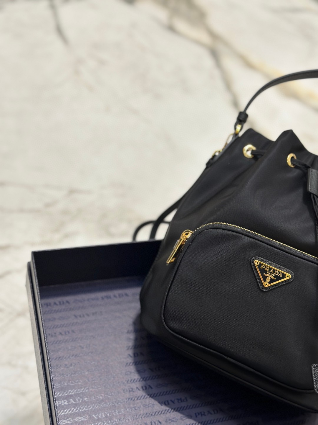 Pra*a Duet Bucket Shoulder Bag Black/Blue For Women 8.6 in / 22.5 cm 1BH038_RV44_F0002_V_UOO