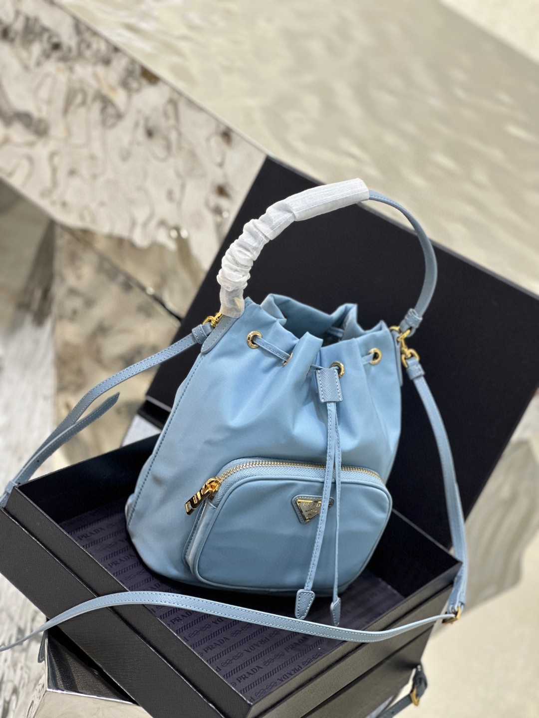 Pra*a Duet Bucket Shoulder Bag Black/Blue For Women 8.6 in / 22.5 cm 1BH038_RV44_F0002_V_UOO