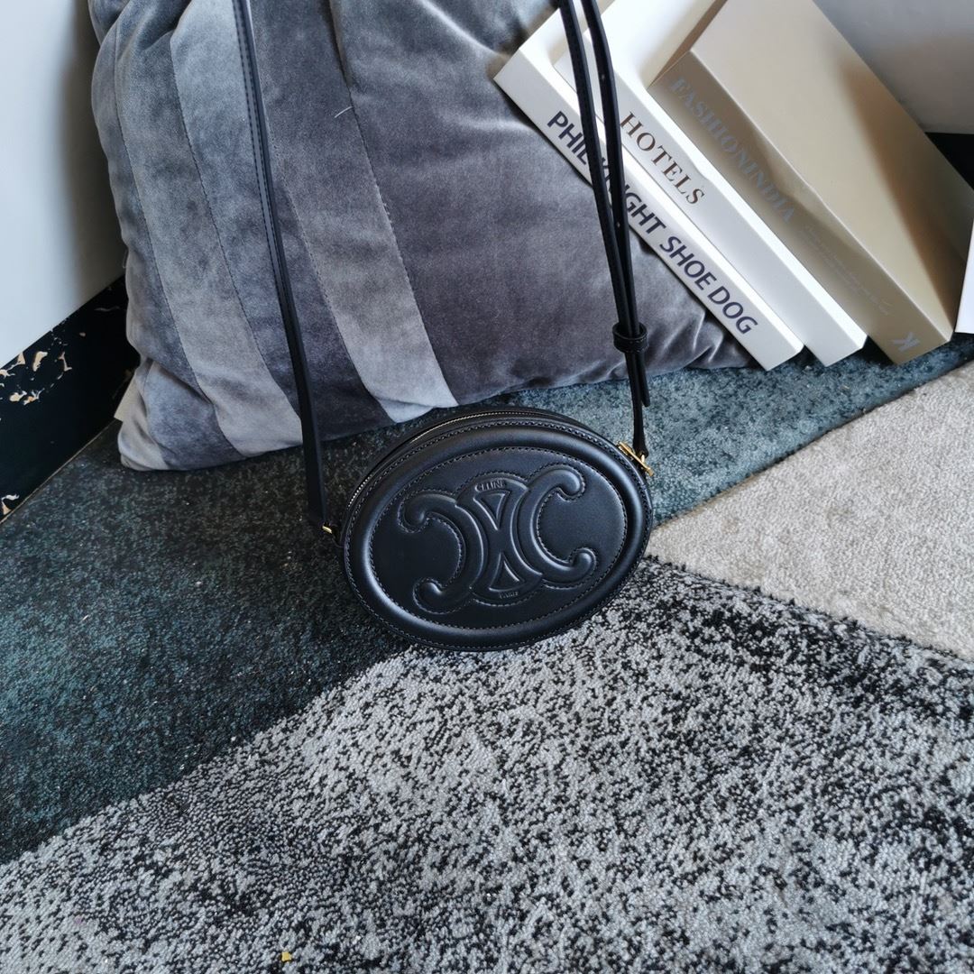 Ce1i*e Oval Bag Cuir Triomphe In Smooth Black/White/Brown For Women‎ 8in/20cm 198603DXC.38NO