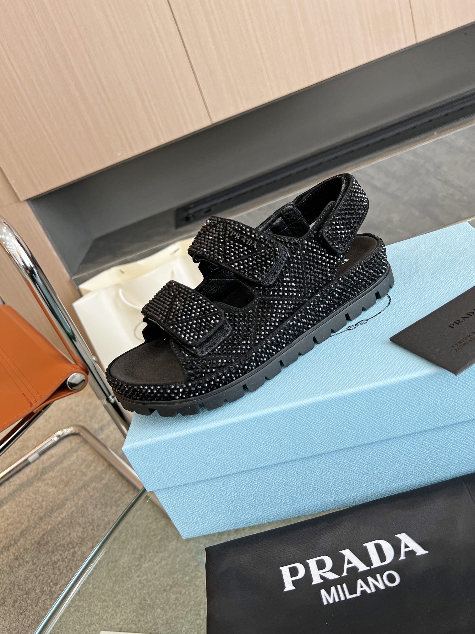 Pra*a Satin Sandals With Crystals Black For Women 0.8 in/ 2cm 1X013N_2AWL_F0002_F_020