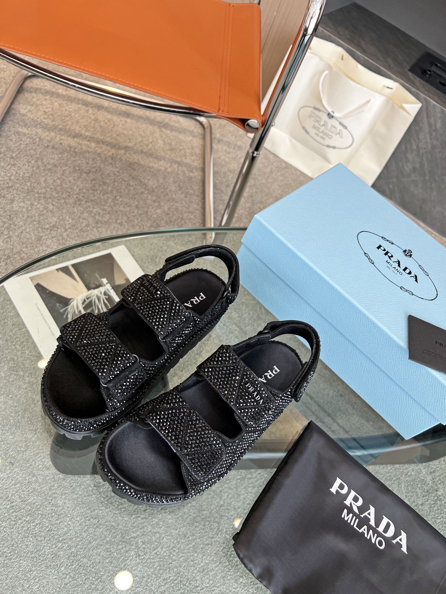 Pra*a Satin Sandals With Crystals Black For Women 0.8 in/ 2cm 1X013N_2AWL_F0002_F_020