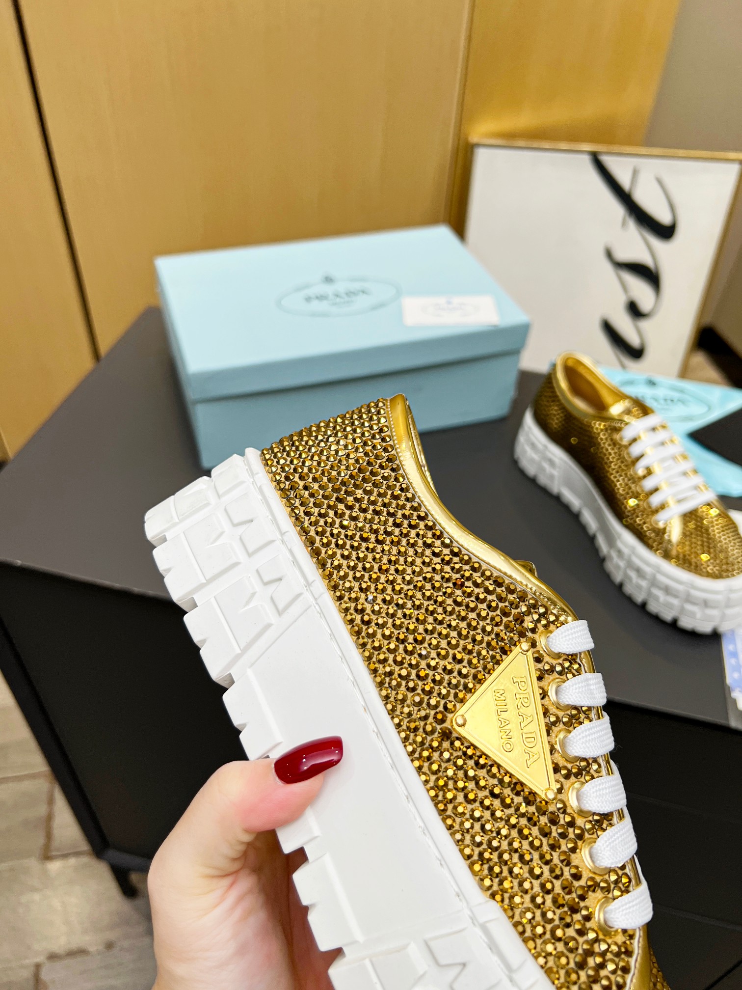 Pra*a Sneakers With Crystals Gold Tone For Women 1.9 in/ 5 cm 1E019N_2AWL_F0522_F_050