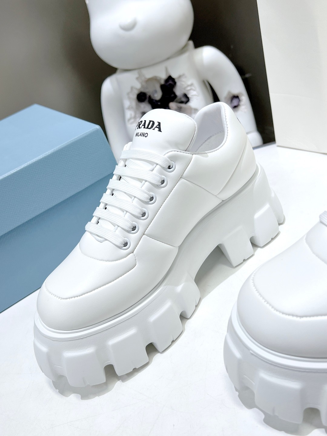 Pra*a Soft Padded Nappa Lace-Up Shoes White For Women 2.1 in/ 5.5 cm 1E119N_2DL8_F0009_F_055