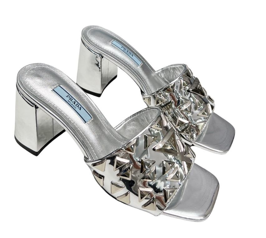 Pra*a Studded Metallic Mules Sliver Tone For Women 2.6 in/ 6.5cm