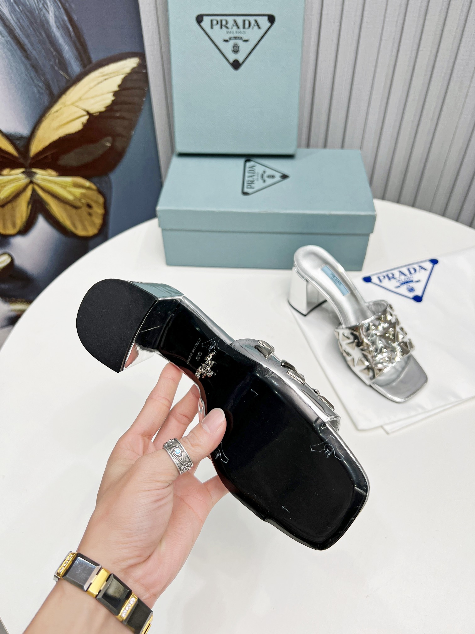 Pra*a Studded Metallic Mules Sliver Tone For Women 2.6 in/ 6.5cm