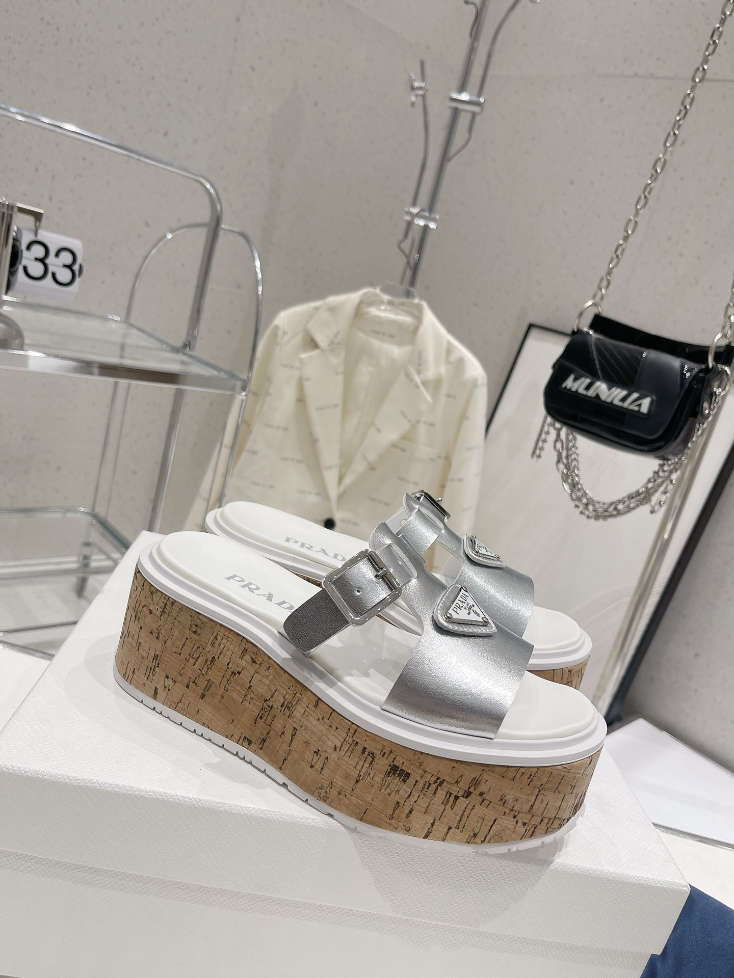 Pra*a Wedge Platform Sandals Sliver Tone For Women 2.9 in/ 7.5 cm