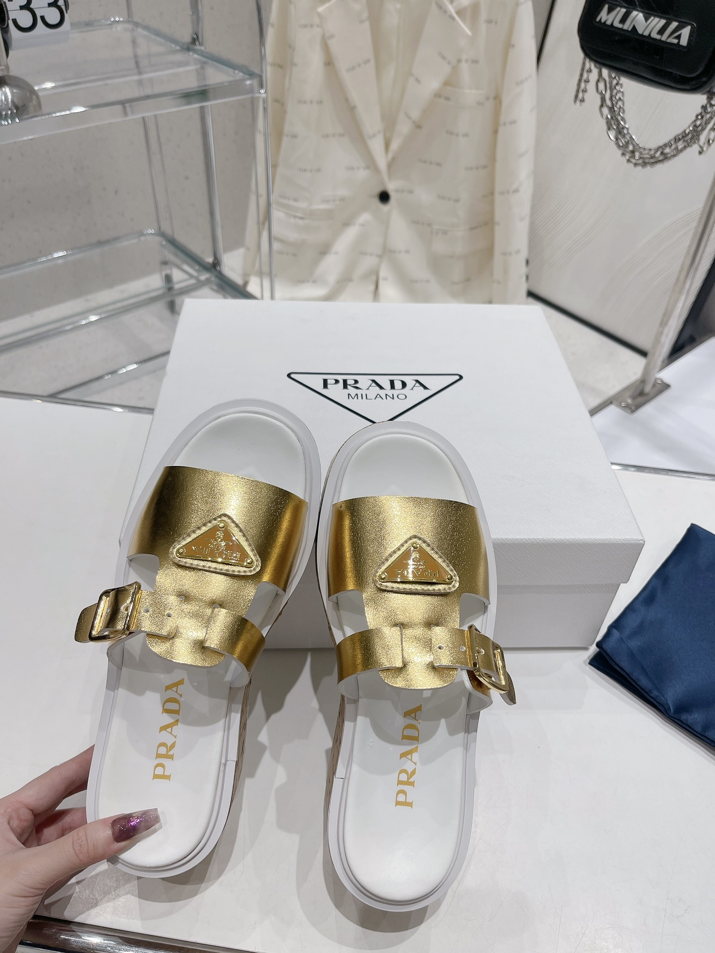 Pra*a Wedge Platform Sandals Gold Tone For Women 2.9 in/ 7.5 cm