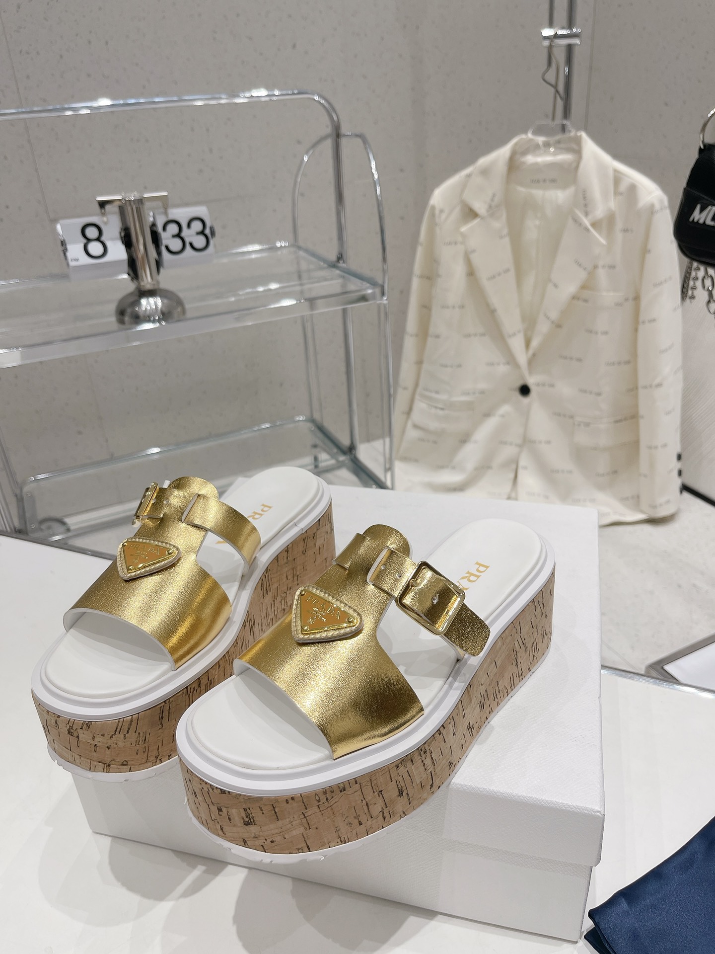 Pra*a Wedge Platform Sandals Gold Tone For Women 2.9 in/ 7.5 cm