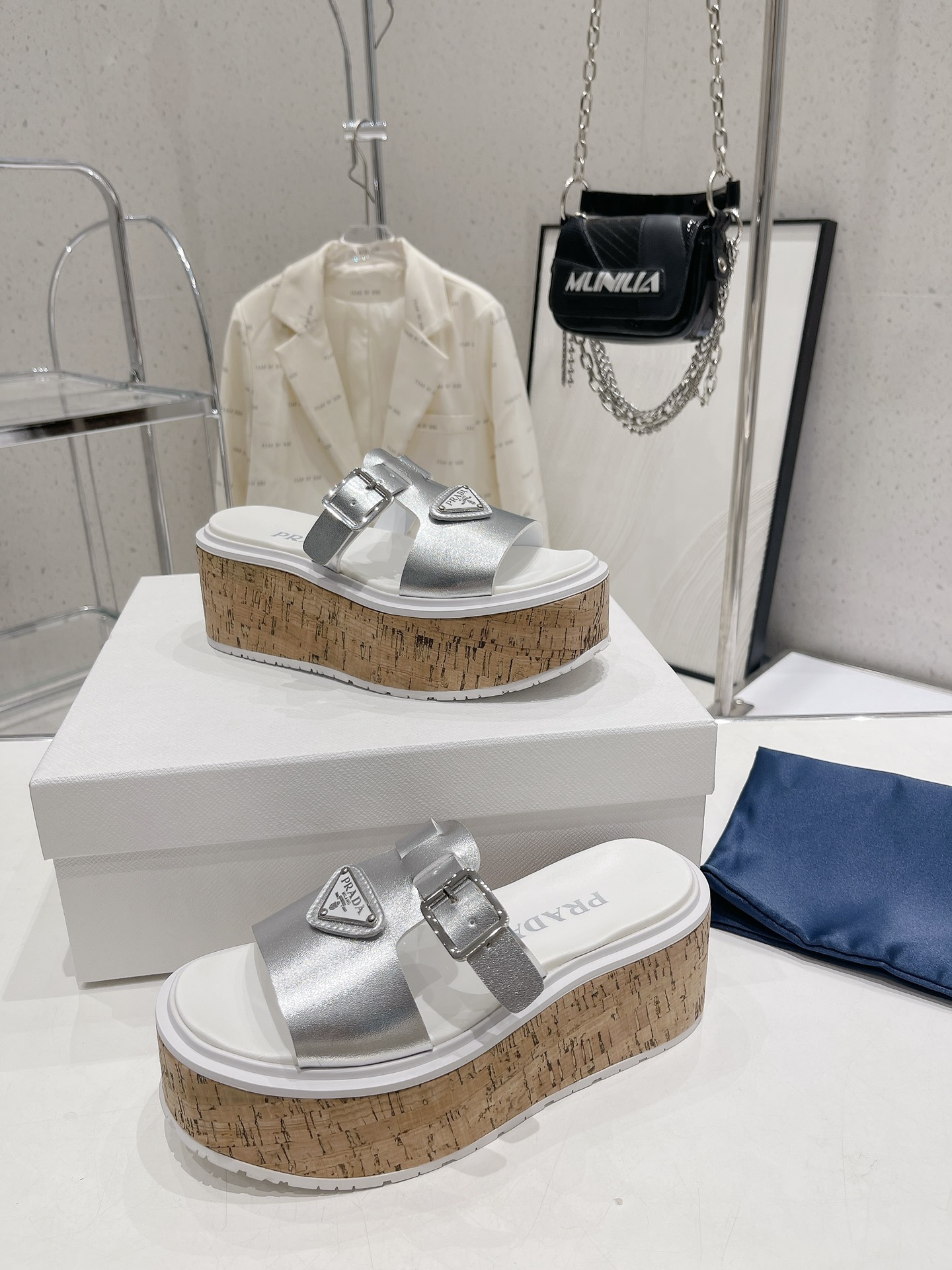 Pra*a Wedge Platform Sandals Sliver Tone For Women 2.9 in/ 7.5 cm