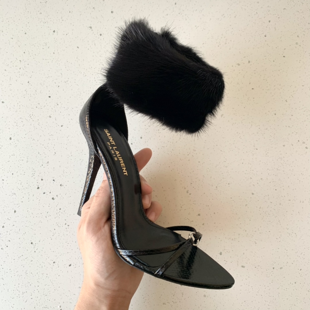 Sa1nt Lau*nt 110mm Faux Fur Ankle-Cuff Sandals Black For Women
