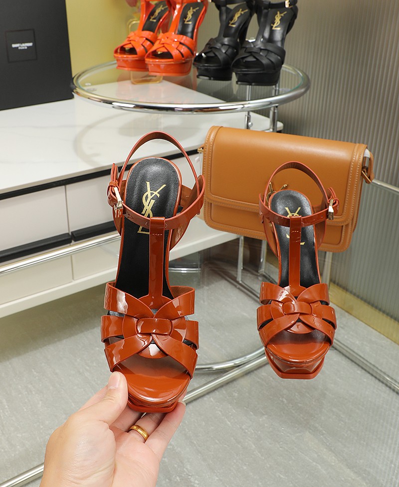 Sa1nt Lau*nt Tribute Platform Sandals In Patent Brown For Women