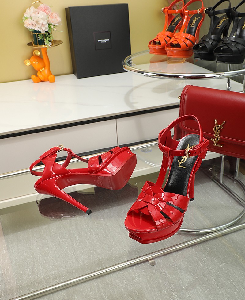Sa1nt Lau*nt Tribute Platform Sandals In Patent Red For Women