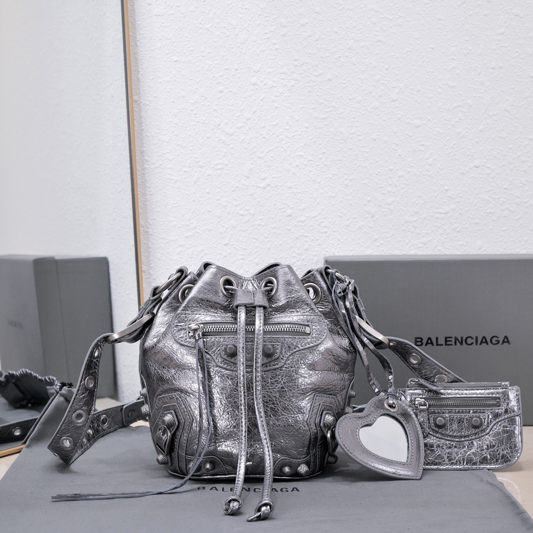 Ba1en*iaga Le Cagole Xs Bucket Bag Metallized With Rhinestones In Gold Tone/Sliver Tone/Grey For Women 7.8in/20 cm