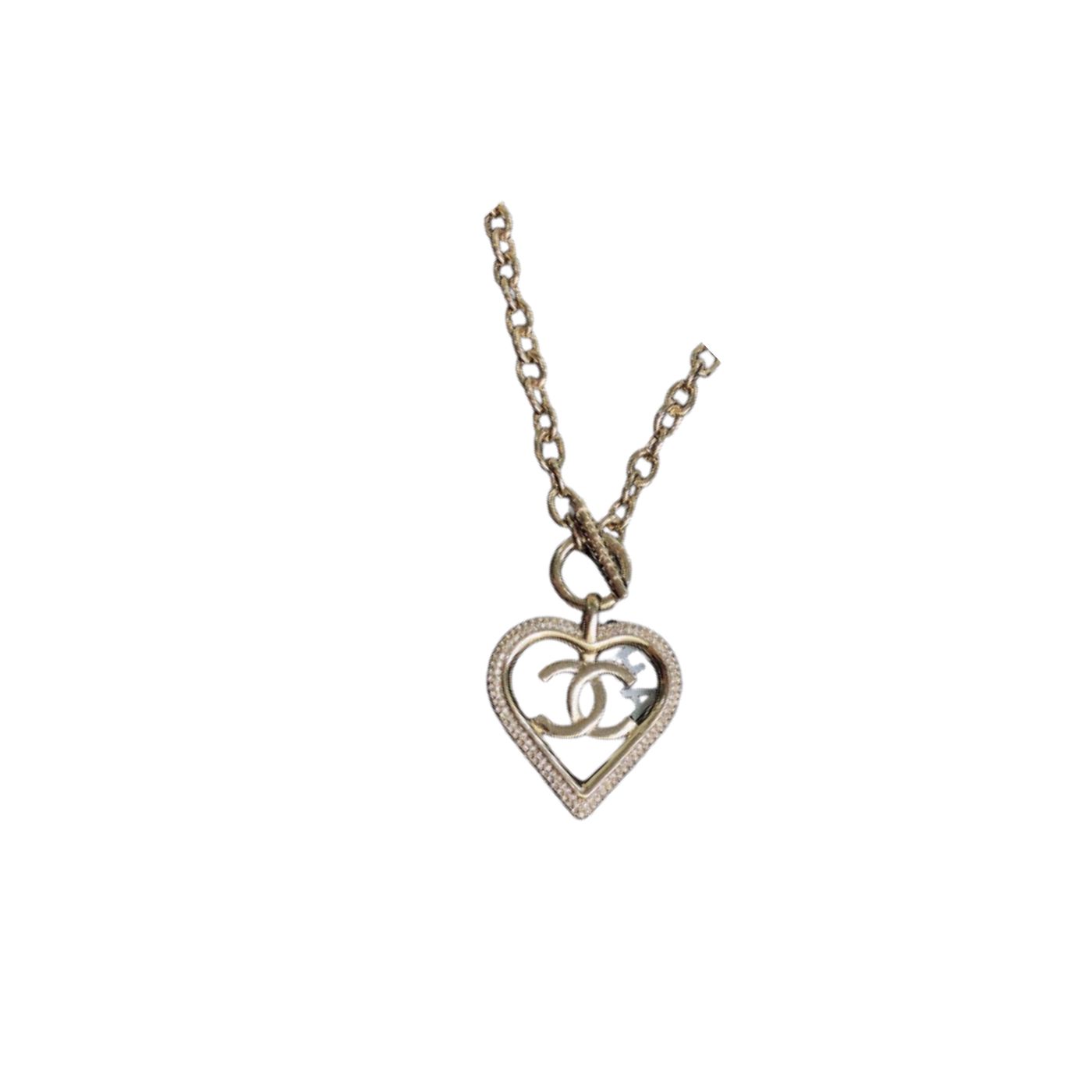 Ch**el Big Heart Frame Necklace Gold Tone For Women