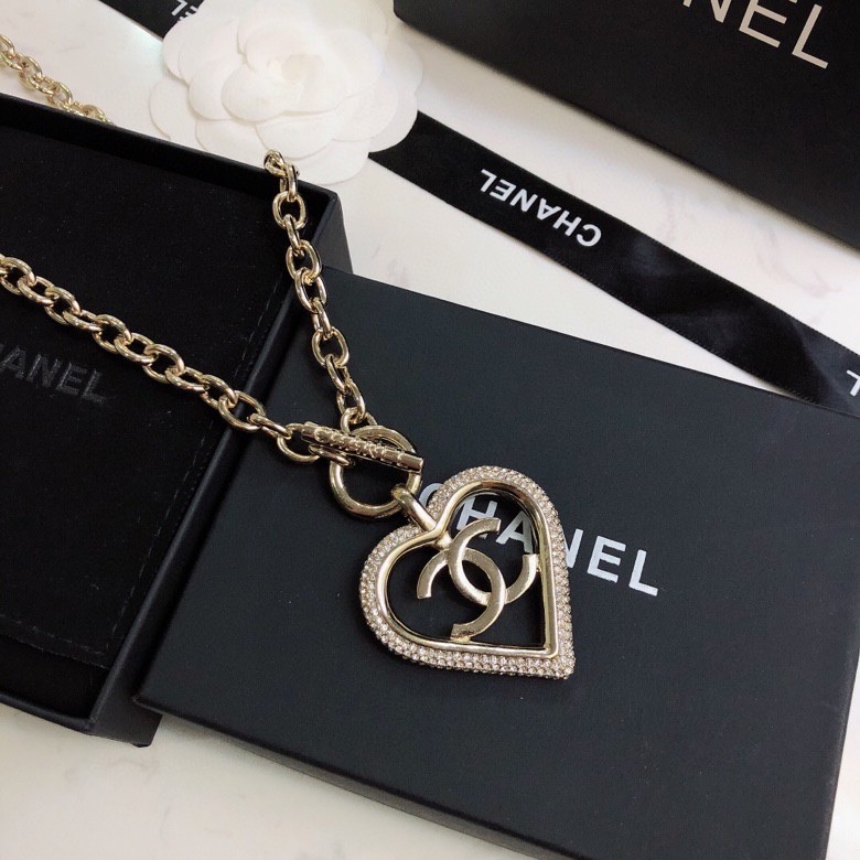 Ch**el Big Heart Frame Necklace Gold Tone For Women