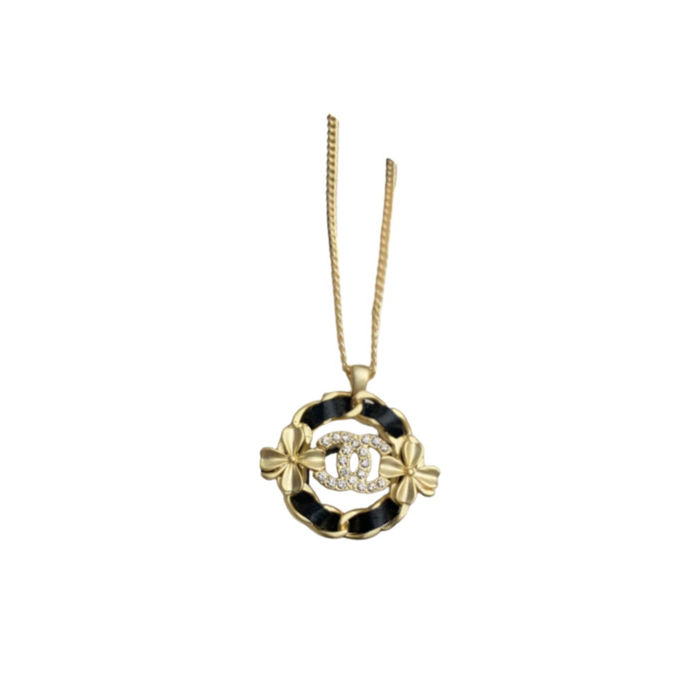 Ch**el Black Circle Pendant Necklace Gold Tone For Women