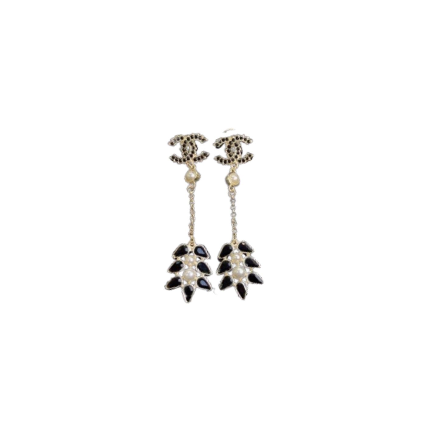 Ch**el Black Petals Earrings Gold Tone For Women