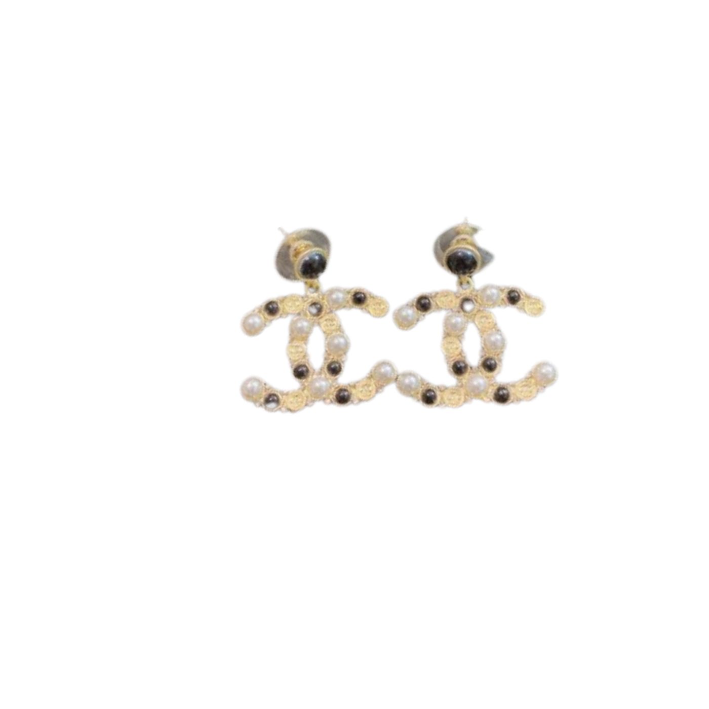 Ch**el Combinating White And Black Pearl Earrings Gold Tone For Women