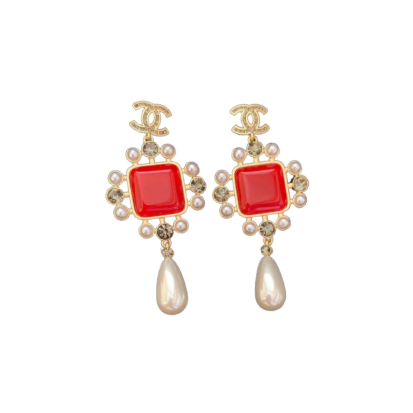 Ch**el Dark Red Square Stone Earrings Gold Tone For Women