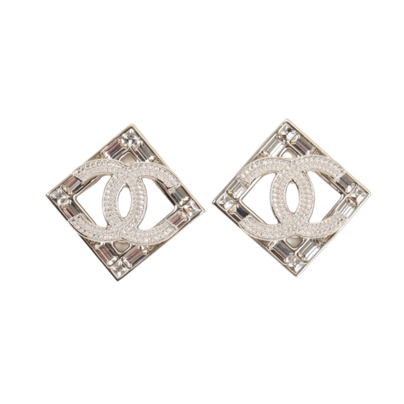 Ch**el Double C Square Earrings Silver For Women