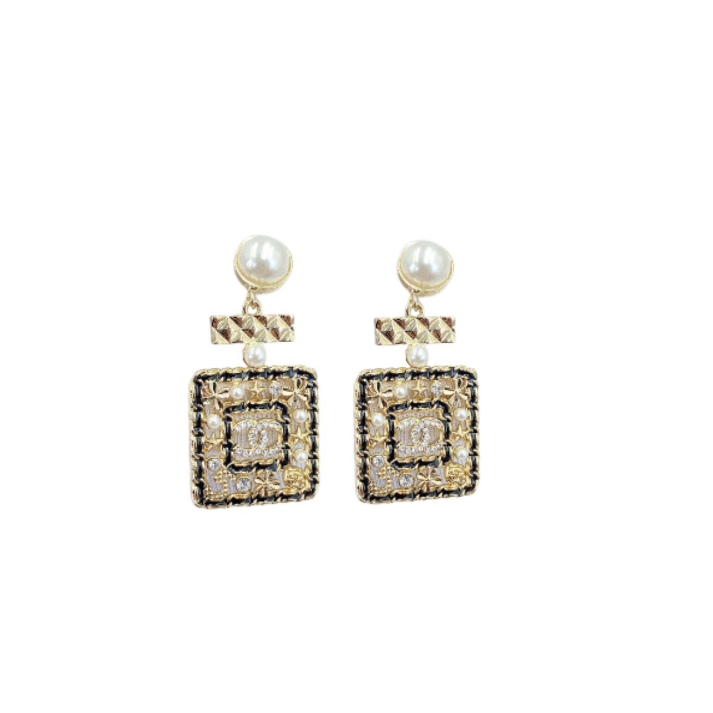 Ch**el Douple Black Border Square Frame Earrings Gold Tone For Women
