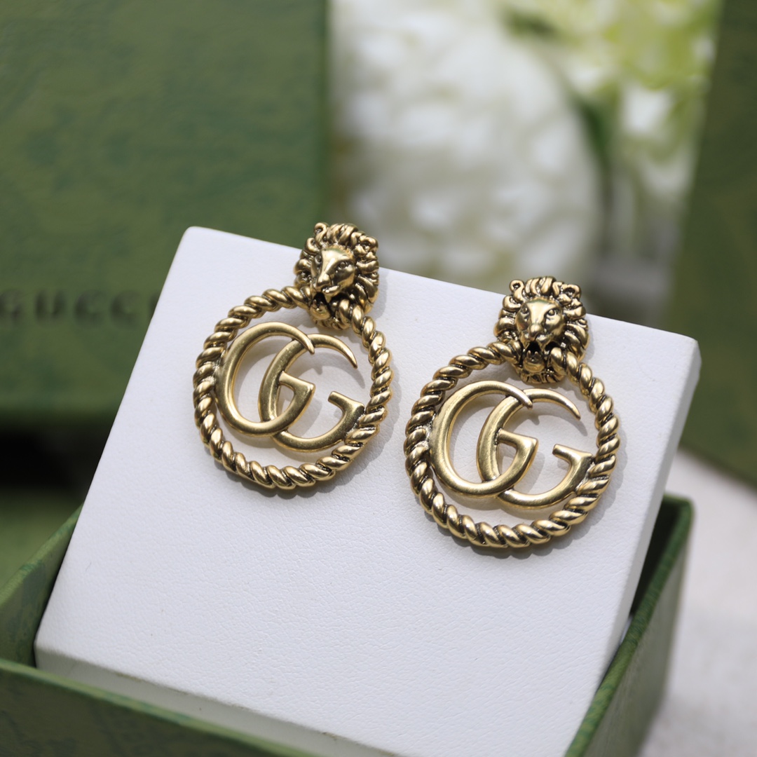 Gvc*1 Lion Head Earrings Gold Tone For Women