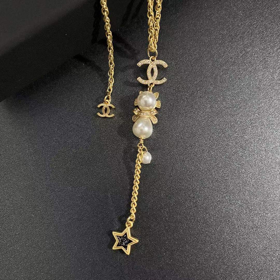 Ch**el Long Necklace With Pearl And Black Star Gold Tone For Women