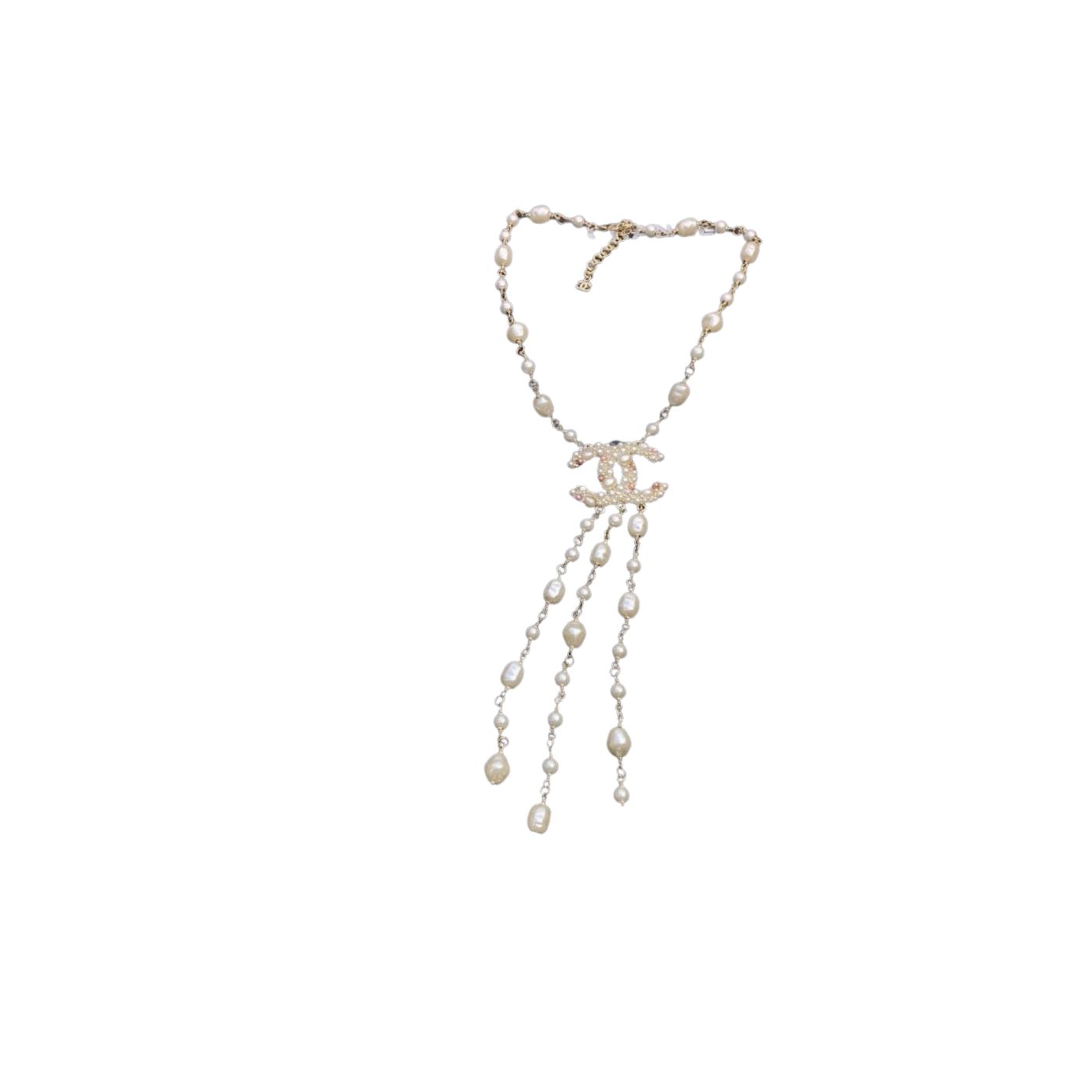 Ch**el Long Stylized Pearl Necklace Gold Tone For Women