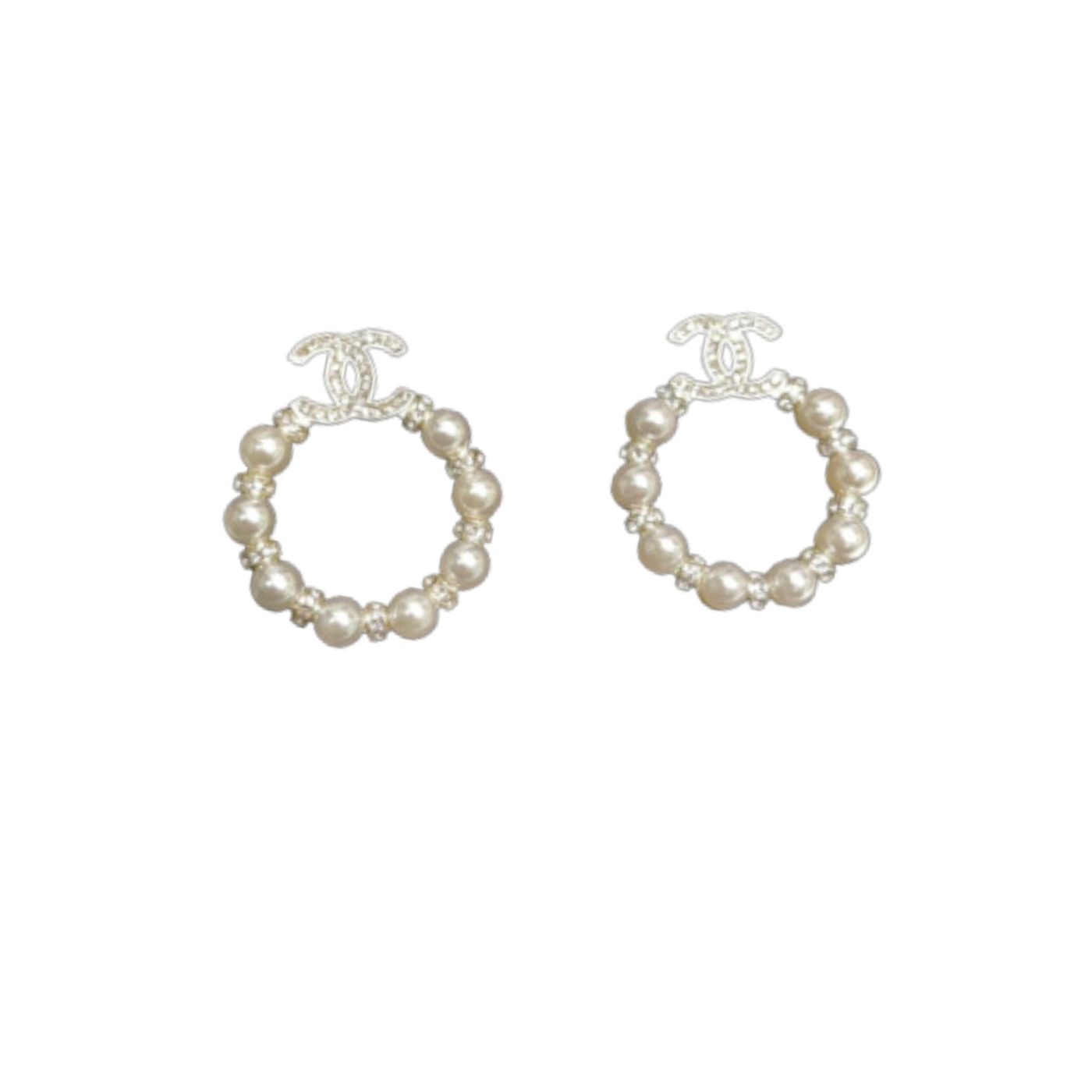 Ch**el Mini Pearl Border Circle Frame Earrings Gold Tone For Women