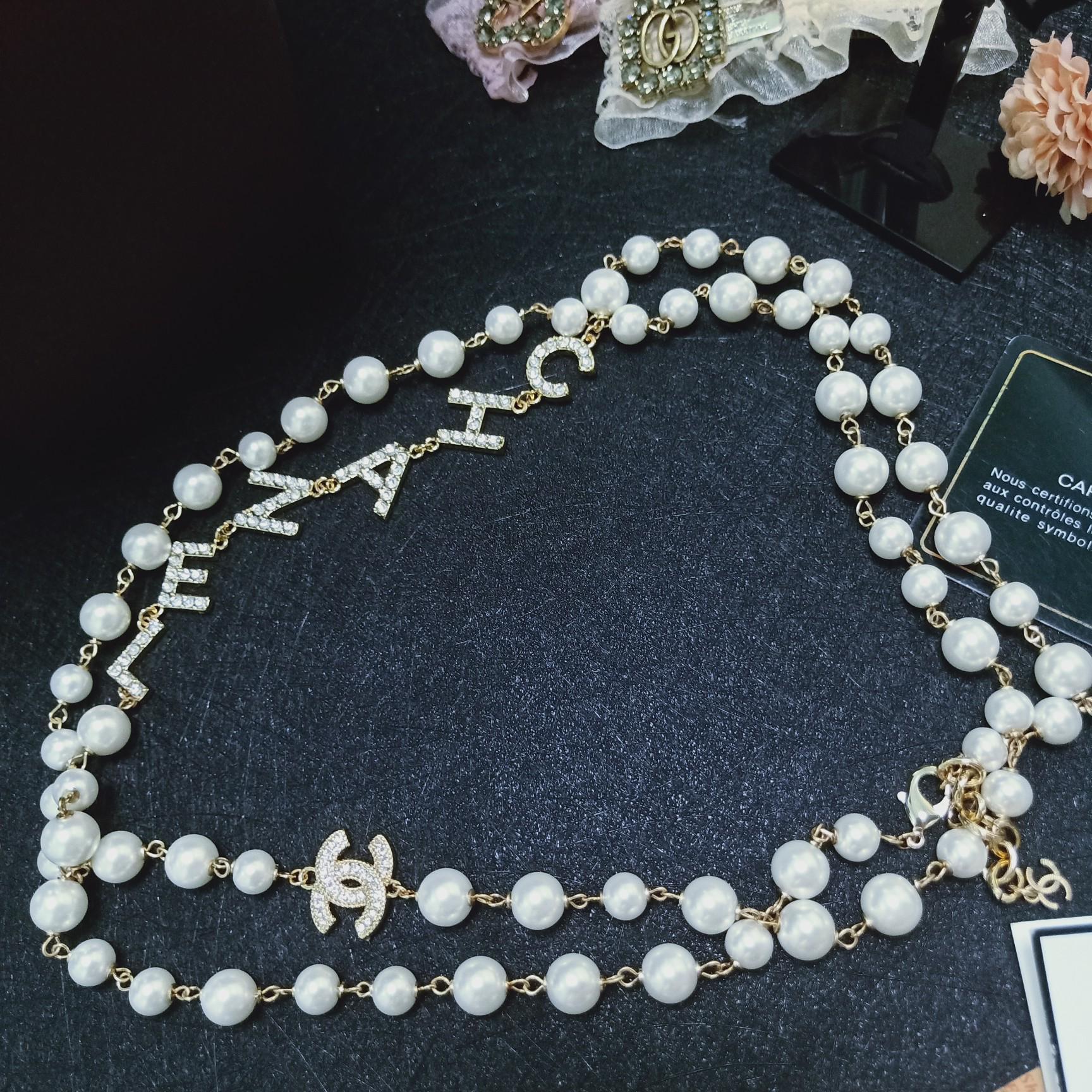 Ch**el Multi Layered Letters Links Pearl Necklace White For Women