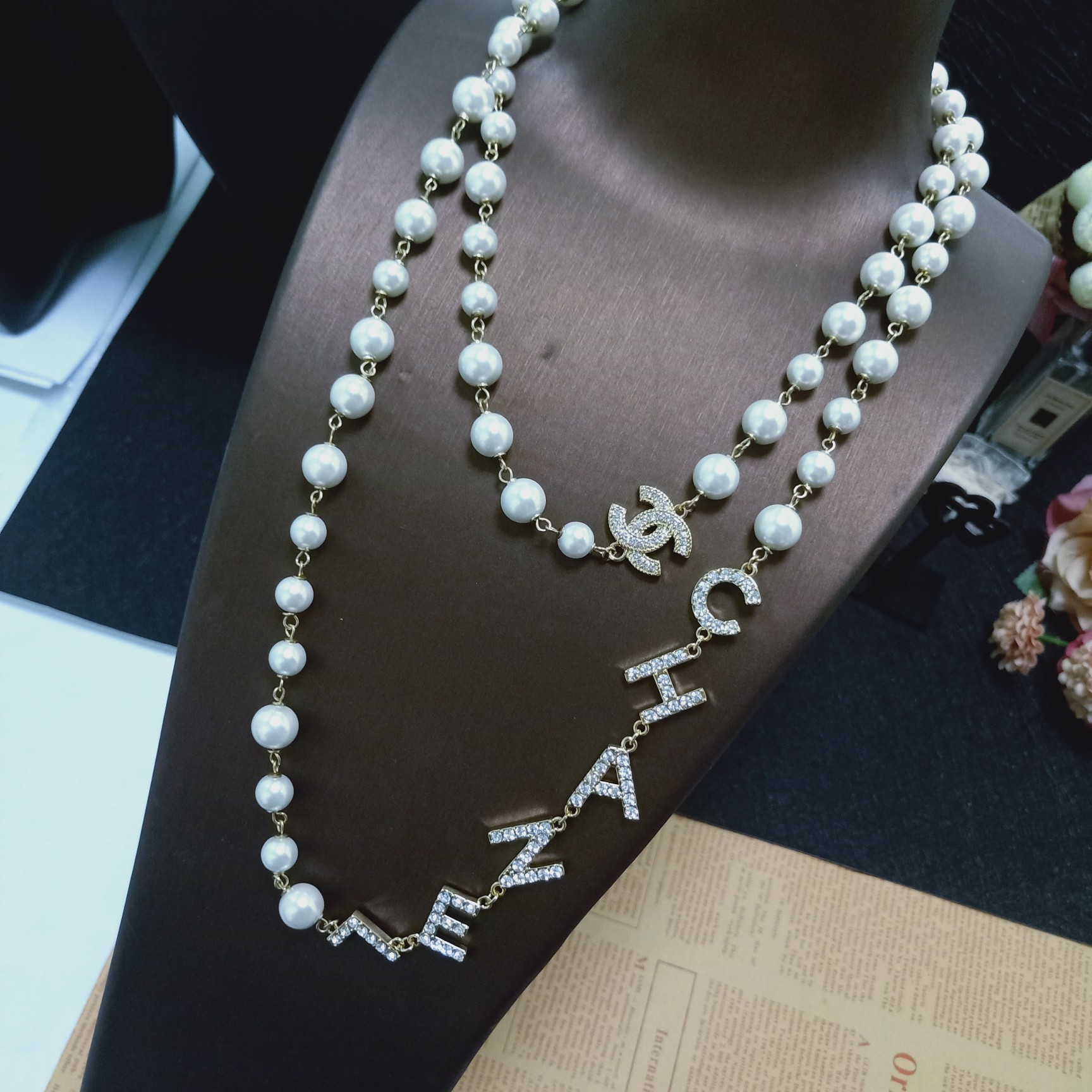 Ch**el Multi Layered Letters Links Pearl Necklace White For Women