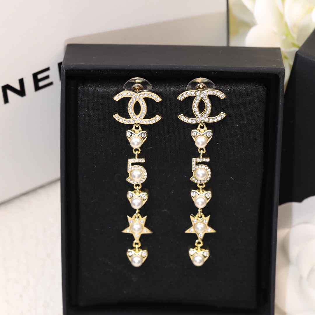 Ch**el Number 5 Long Earrings Gold Tone For Women