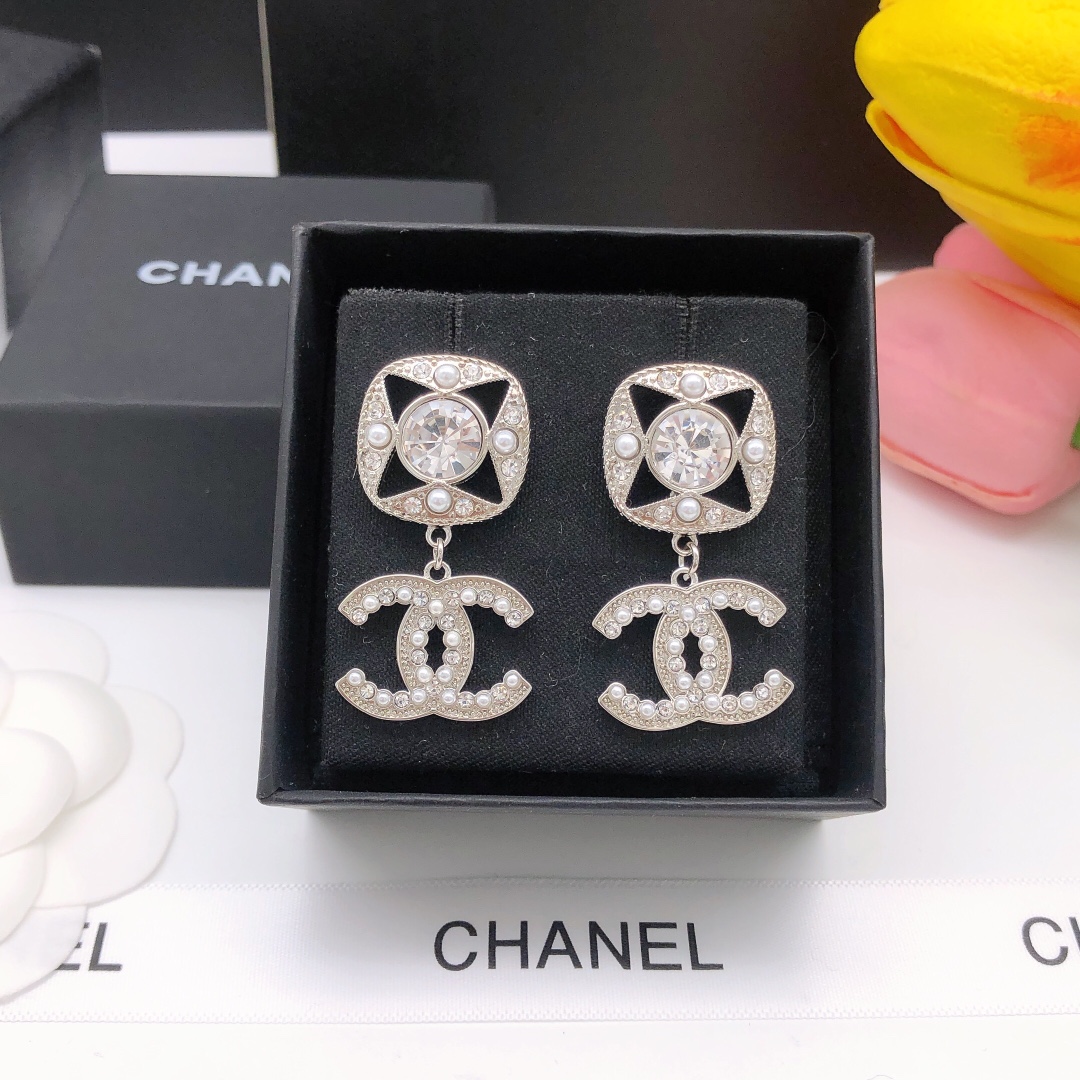Ch**el Square Double C Stud Earrings White For Women