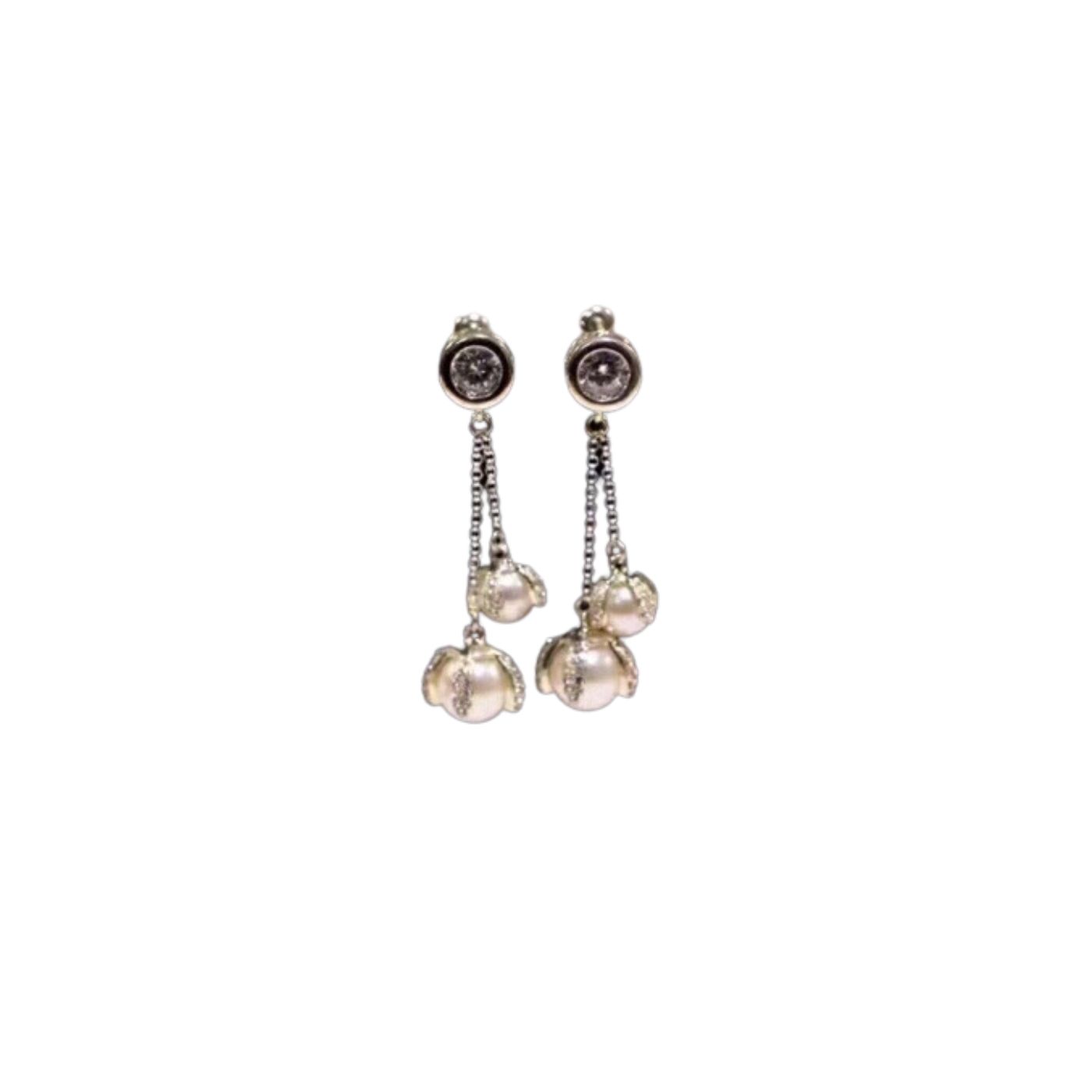 Ch**el Two Pearls Noble Earrings Silver Tone For Women