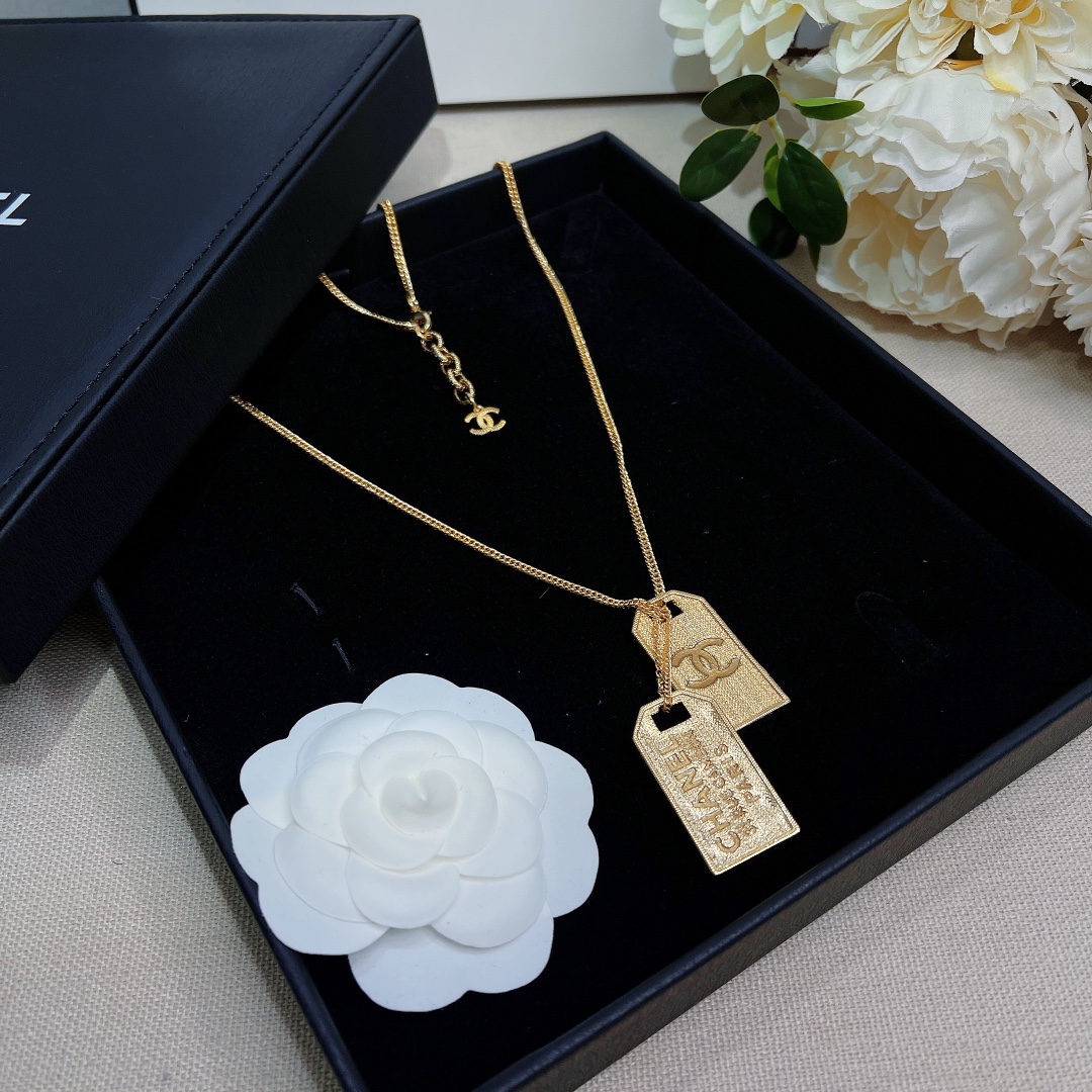 Ch**el Two Tag Engraving Signature Necklace Gold Tone For Women