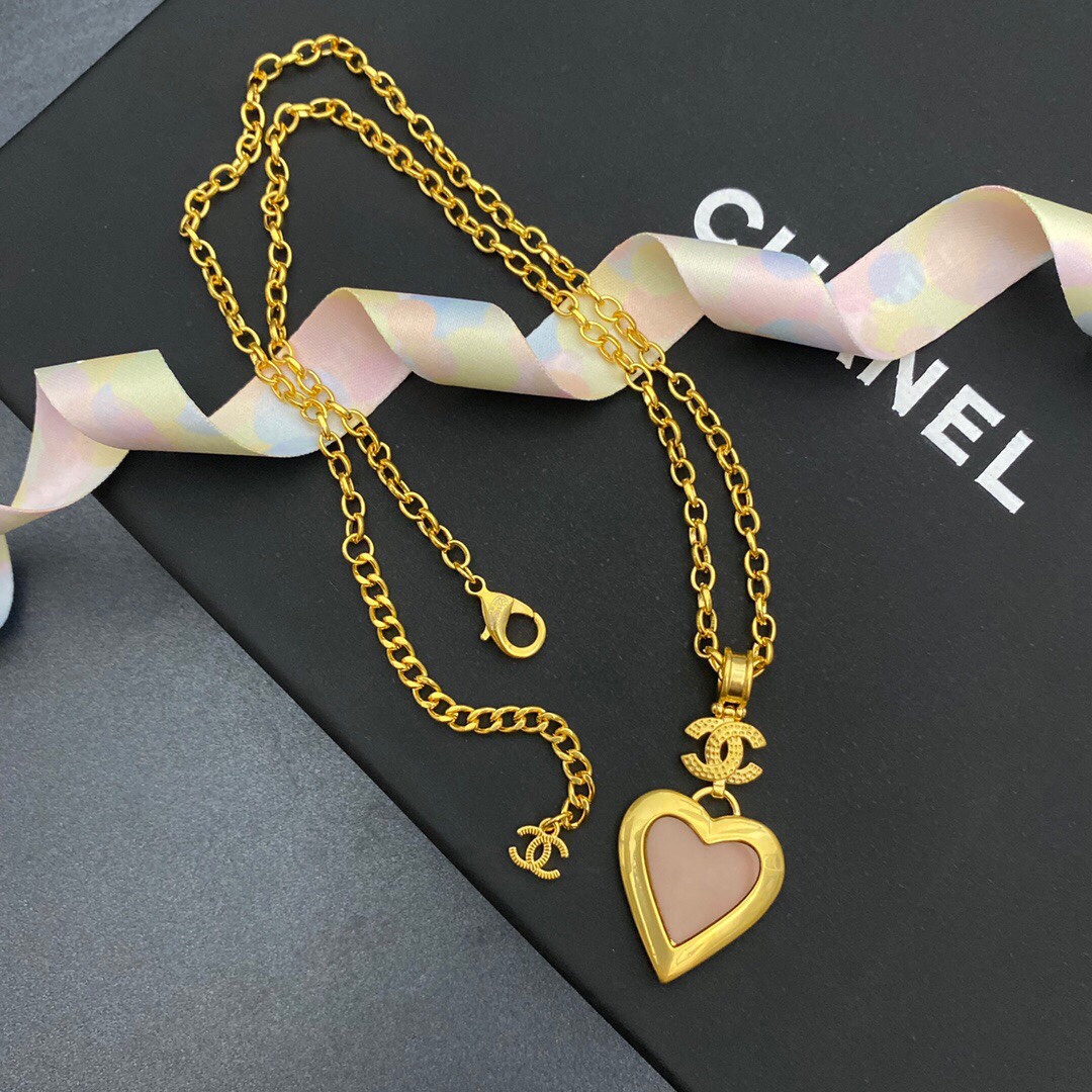 Ch**el Yellow Thick Border Heart Necklace Gold Tone For Women