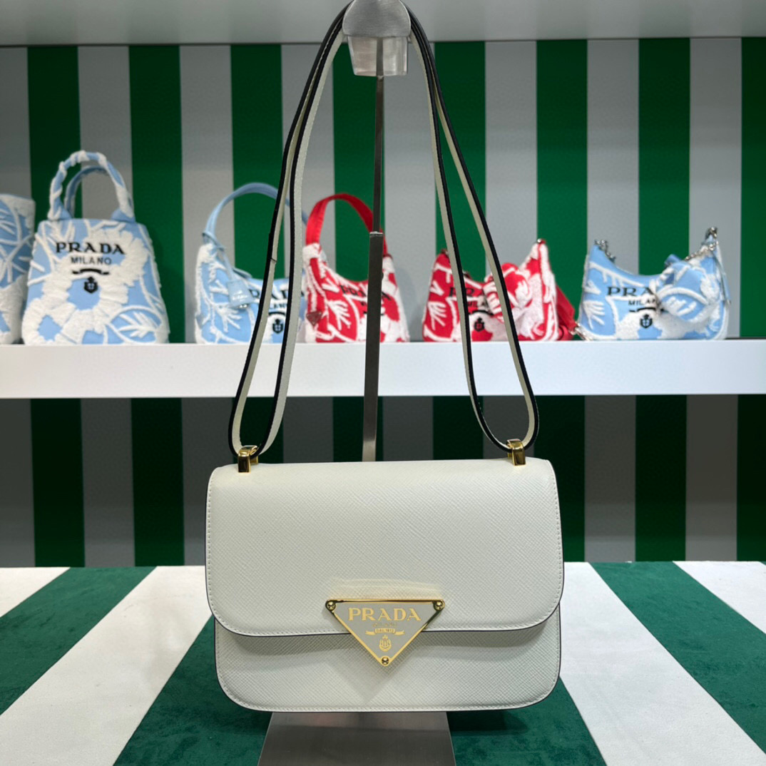 [True-to-ORIGINAL] Pra*a Emblème Saffiano Shoulder Bag In White For Women 8.6 in/22cm – 1BD320_2A4A_F0009_V_UTO