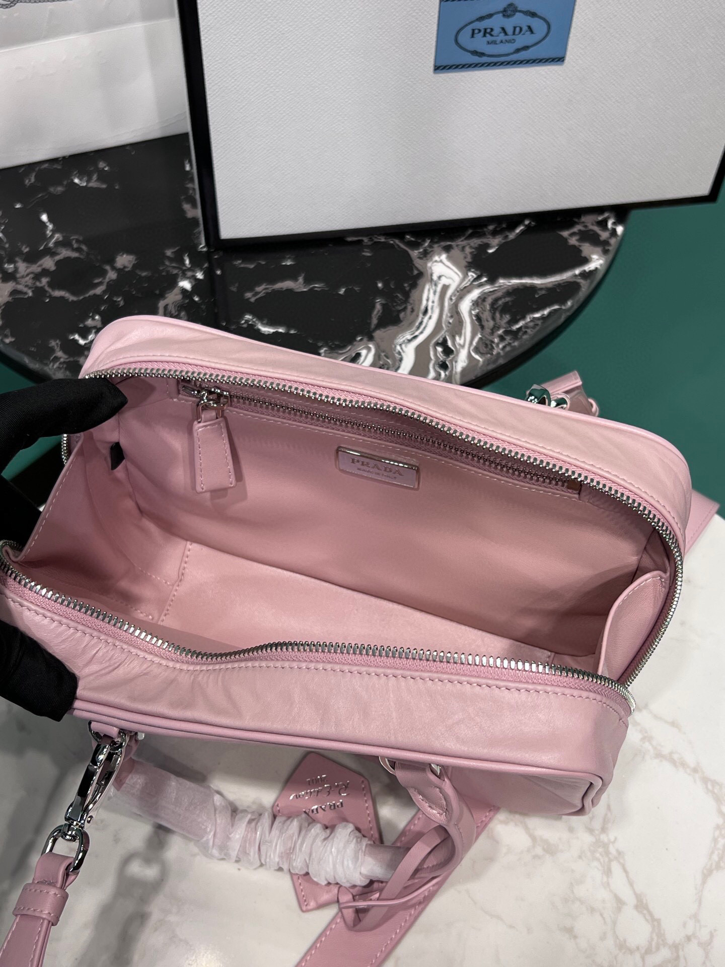 Pra*a Medium Antique Nappa Top Handle Bag In Green/Pink For Women 9.5 in/ 24cm 1BB092_UVL_F0092_V_T2O