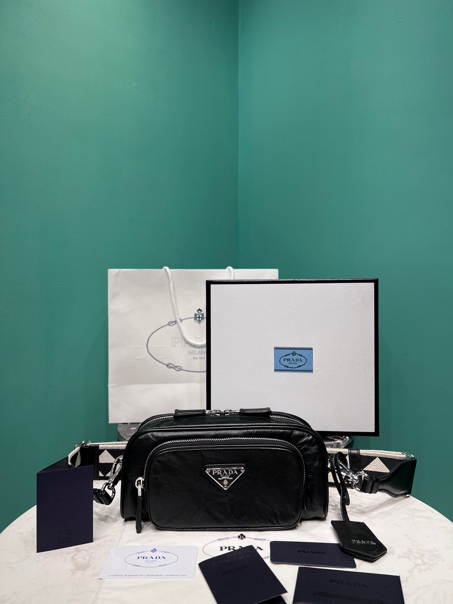 Pra*a Nappa Antique Multi-Pocket Shoulder Bag In Grey/Black/Pink For Women 8.6 in/ 22cm 1BH198_UVL_F0480_V_4OO