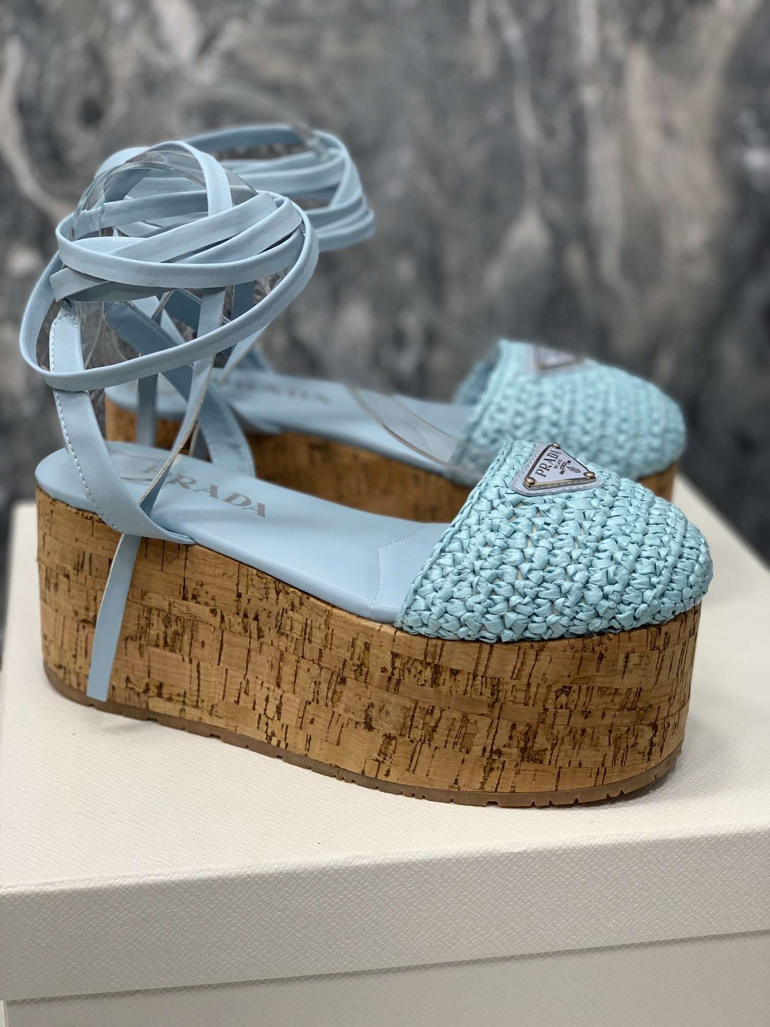 Pra*a Crochet Wedge Sandals Light Blue For Women