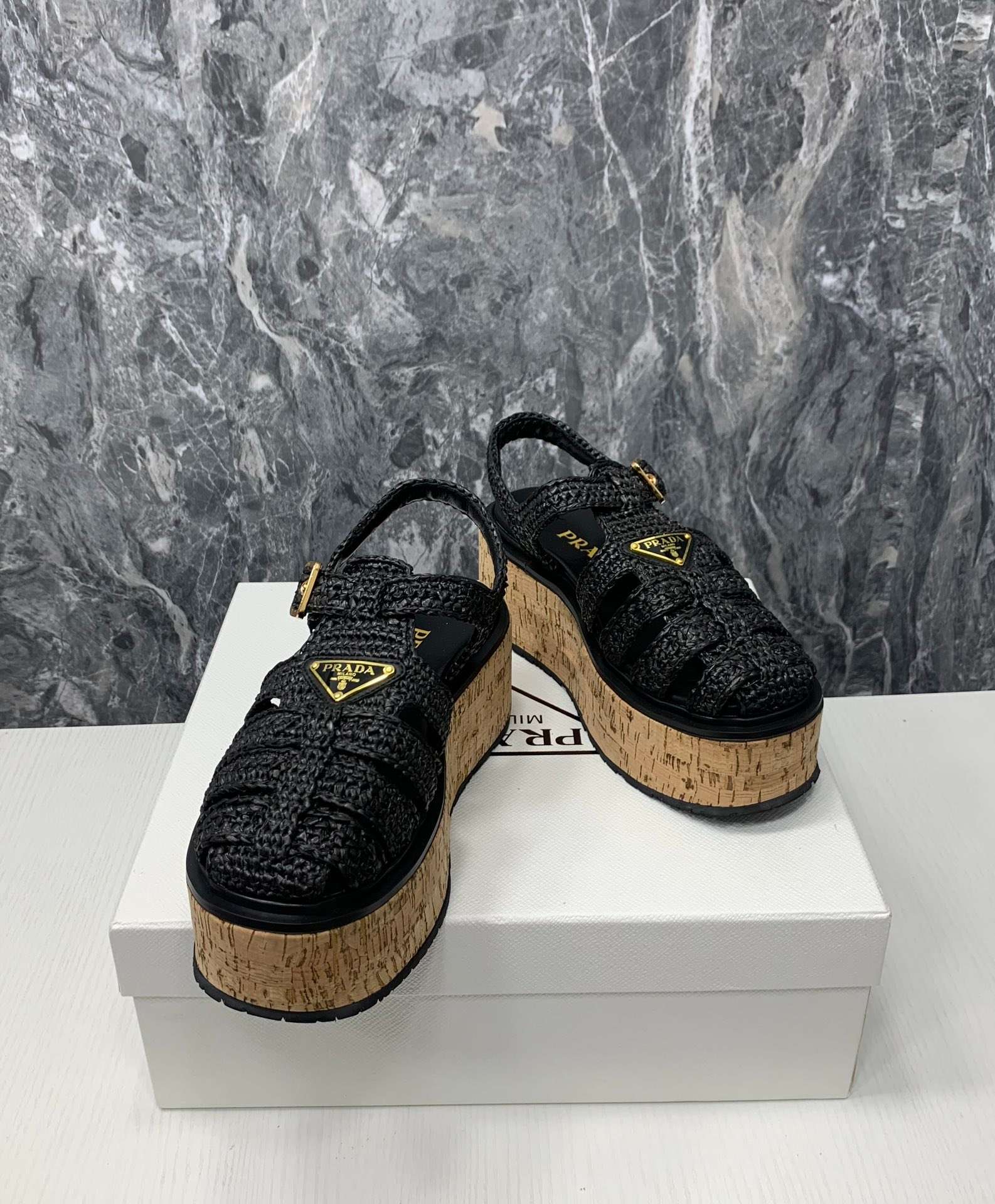 Pra*a Crochet Wedge Sandals Black For Women