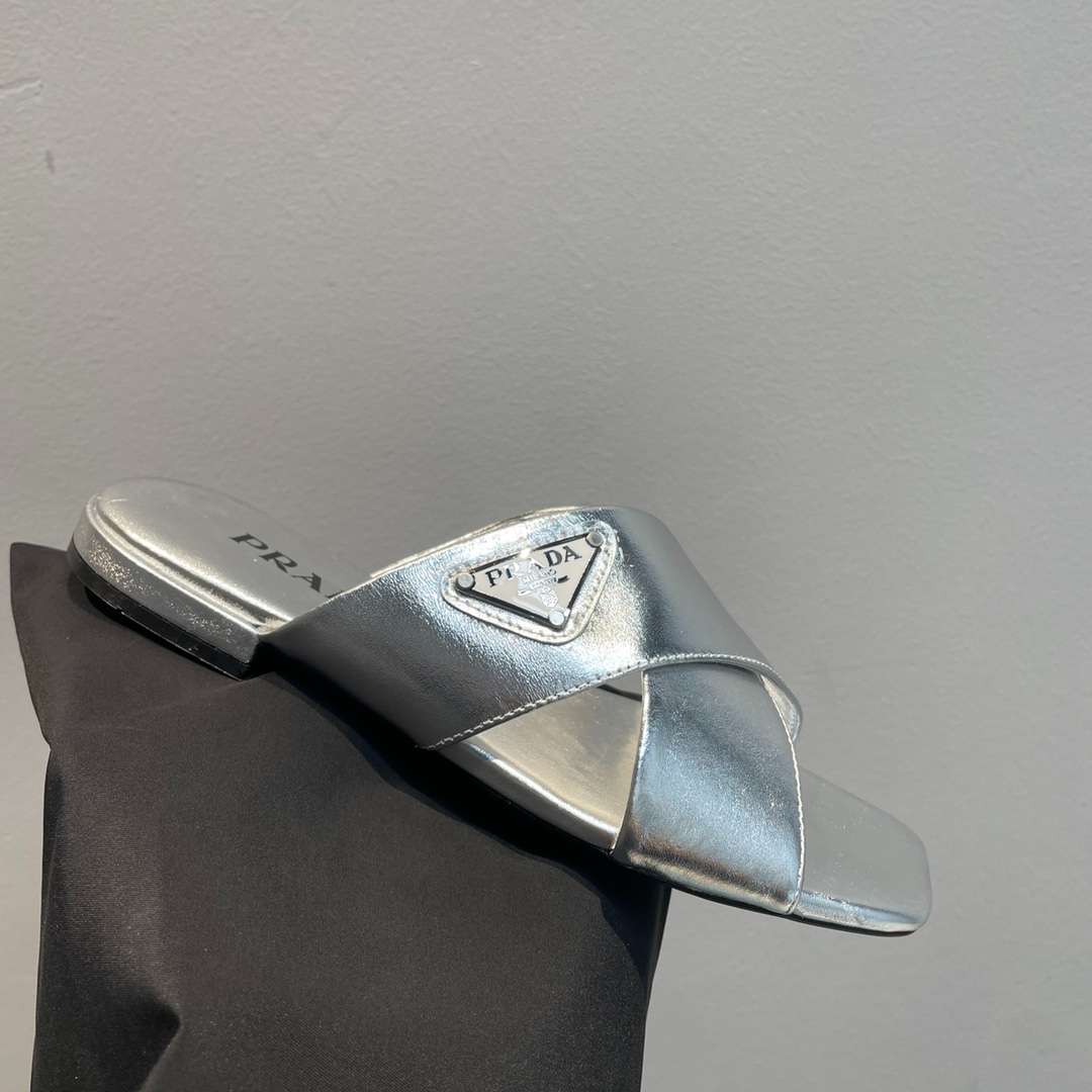 Pra*a Cross Straps Slides Silver For Women