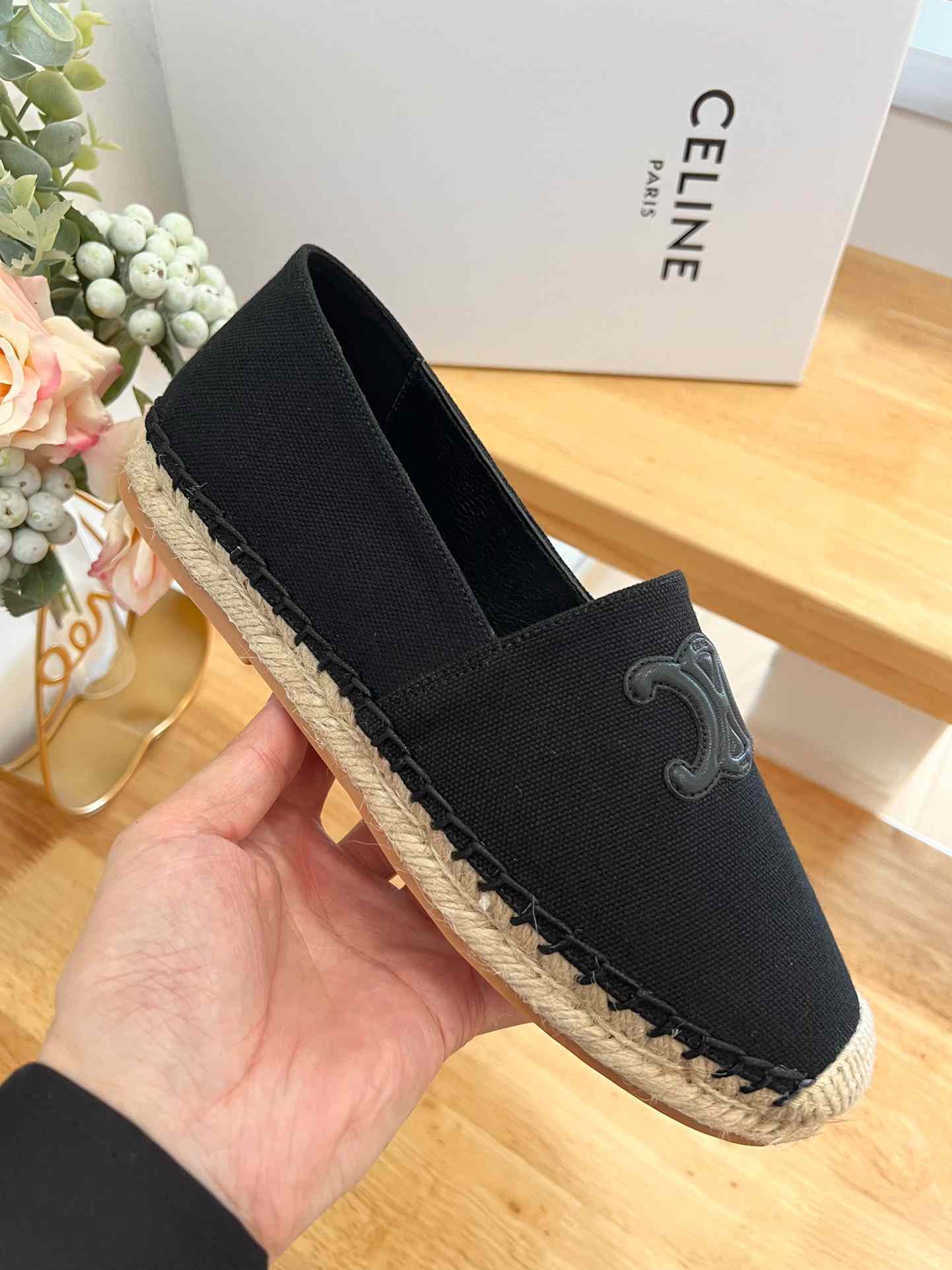 Ce1i*e Flat Espadrille With Triomphe Patch Signature In Tweed Black For Women