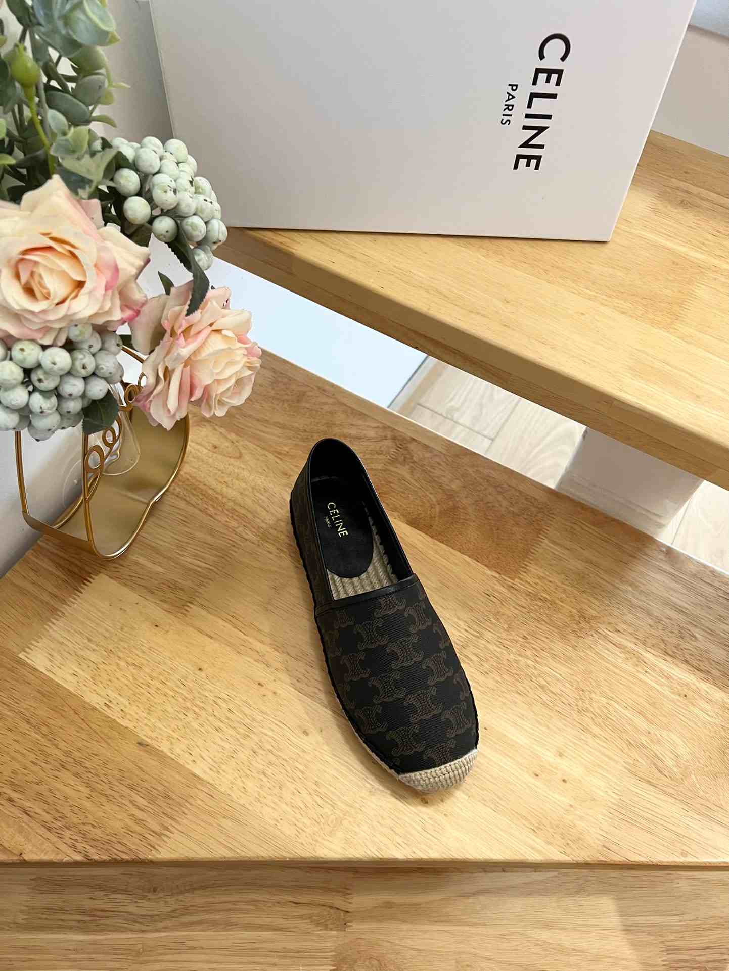 Ce1i*e Flat Espadrille With Triomphe Signature In Triomphe Canvas Black And Brown For Women