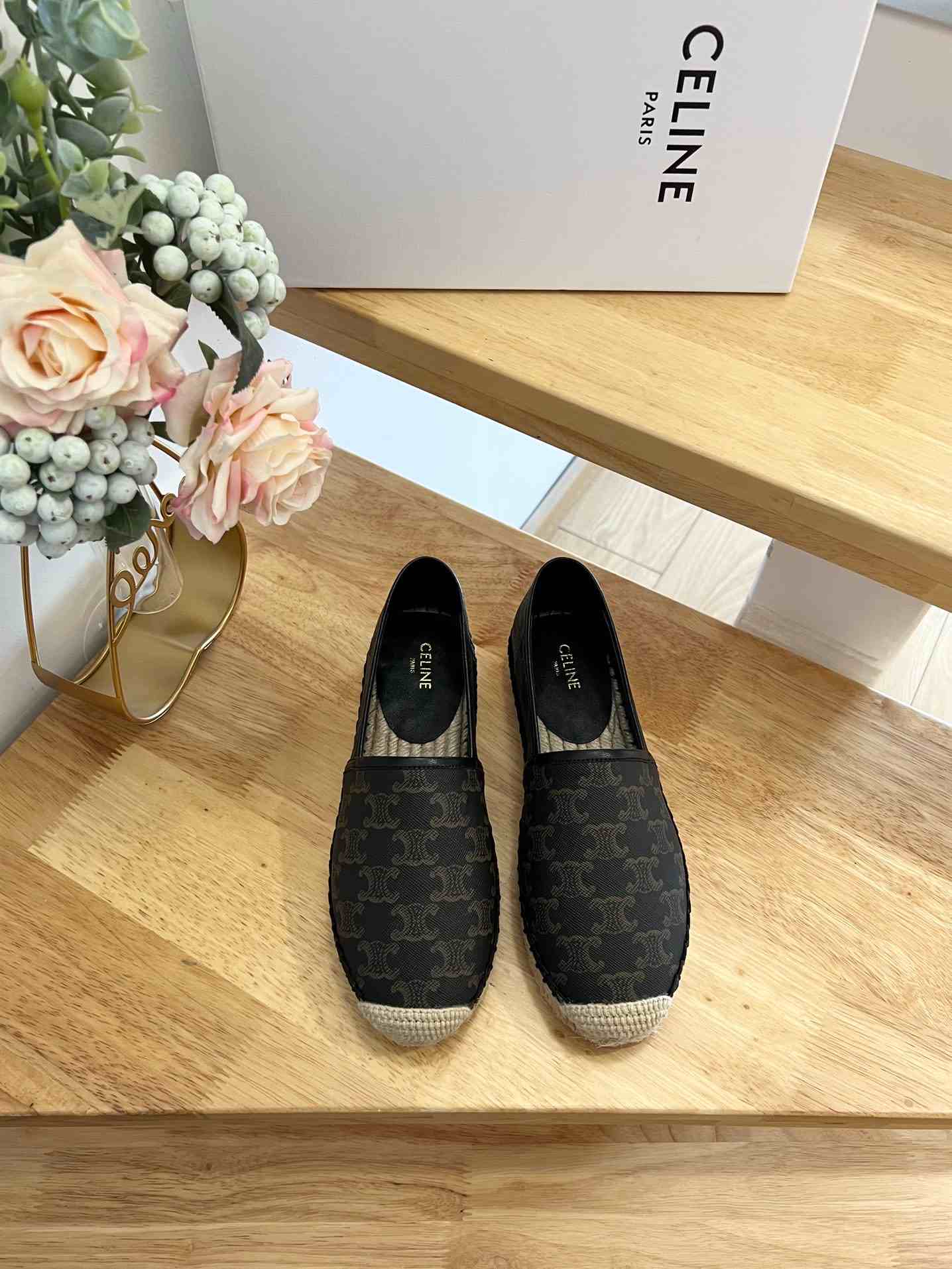 Ce1i*e Flat Espadrille With Triomphe Signature In Triomphe Canvas Black And Brown For Women