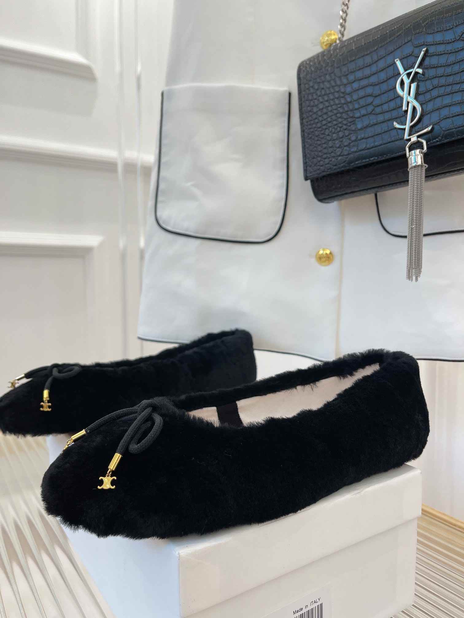 Ce1i*e Les Ballerines Ce1i*e Ballerina With Triomphe Laces And Fur Black For Women