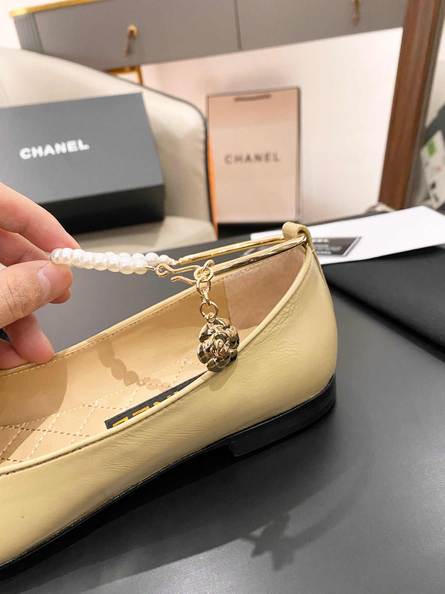 Ch**el Ballerina Logo Shoes Beige For Women