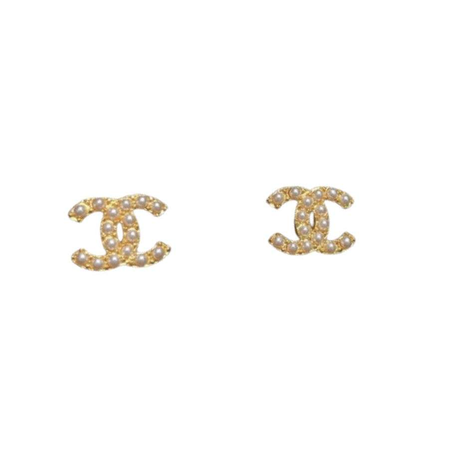 Ch**el Fragrant Double C Pearl Earrings Gold For Women